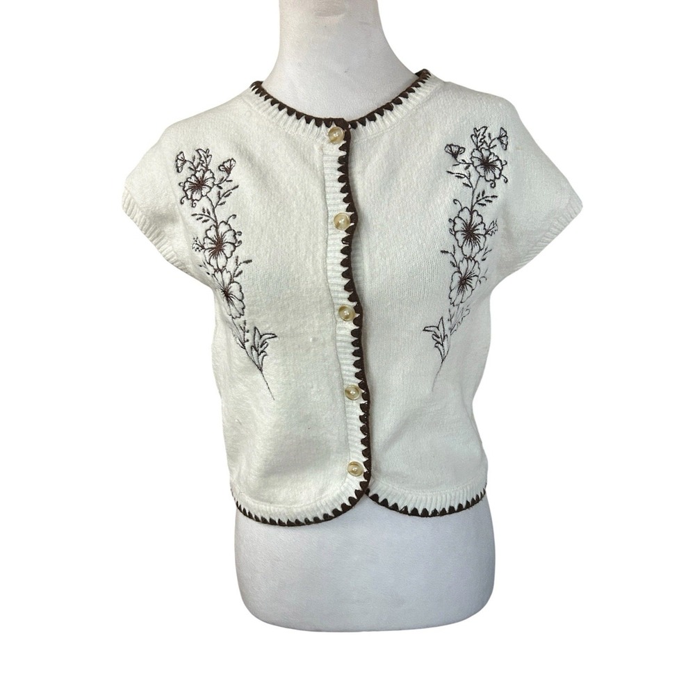 Willow & Wild Short Sleeve Ivory Knit Sweater/Vest Brown Embroidery Sz M